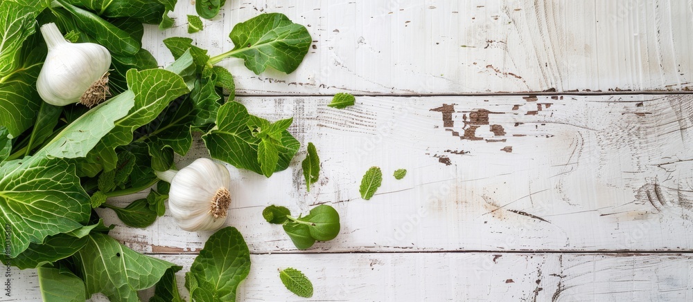 Poster various green herbs like sorrel tarragon and turnip cabbage leaves paired with a garlic bulb resting