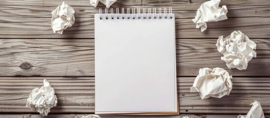 Wooden floor with crumpled paper surrounding a white note paper pad providing a copy space image