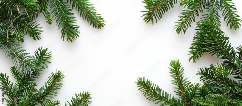Aufkleber Top view of green fir branches creating a Christmas background on a white backdrop with a frame and copy space image
