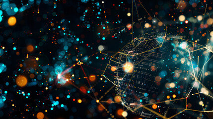 Digital image of mathematical equations and connections on a black background. Representing the global network of science, technology, and communication.