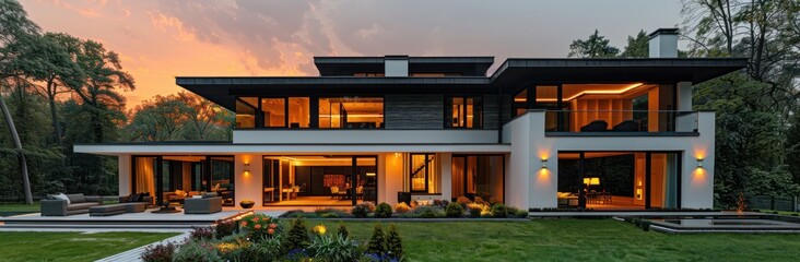 Modern House with Warm Lighting and a Tranquil Garden
