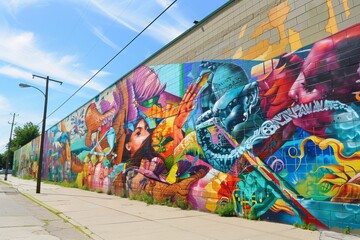 Fototapeta premium Colorful Street Art Mural on Brick Wall in Urban Setting