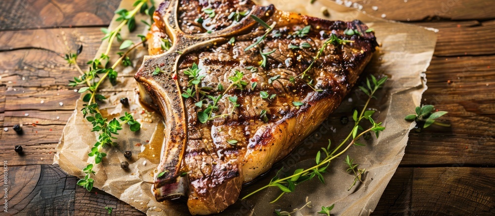 Aufkleber copy space image of a t bone steak grilled to perfection adorned with herbs placed on a wooden backg