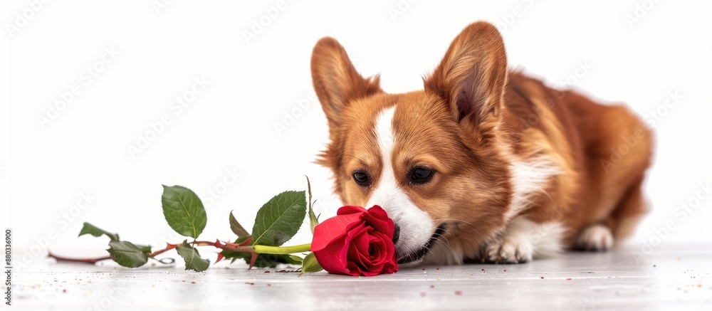 Aufkleber welsh corgi pembroke dog with a red rose in a charming pose on a white background suitable as a post