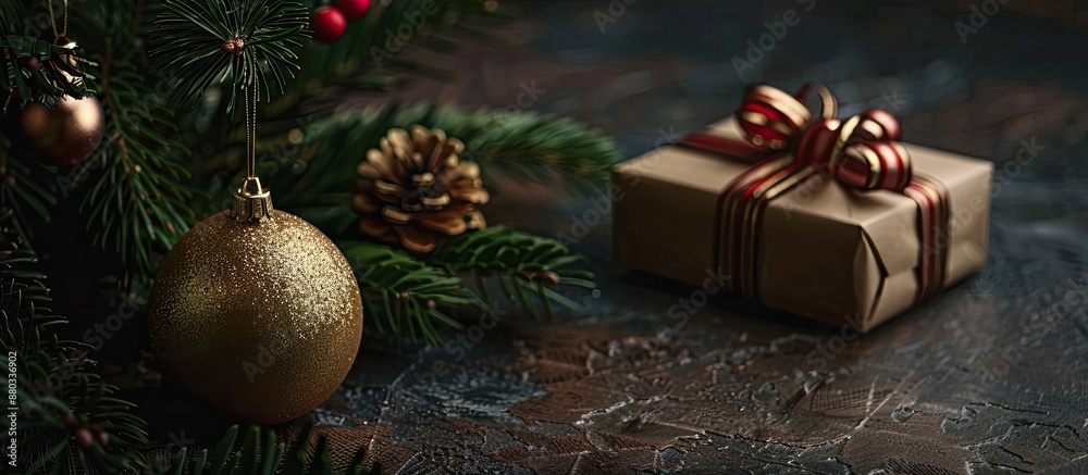 Poster close up of christmas bauble and present against a dark paper background with ample copy space image