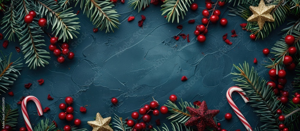 Poster overhead view of a festive christmas arrangement including berries star ornaments candy canes and sp