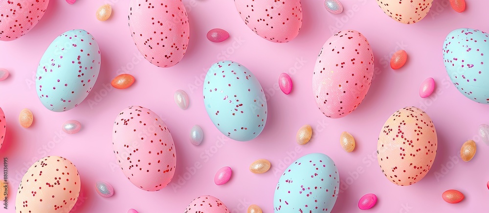 Poster seamless easter pattern featuring colored eggs adorned with glitter against a pink background ideal 