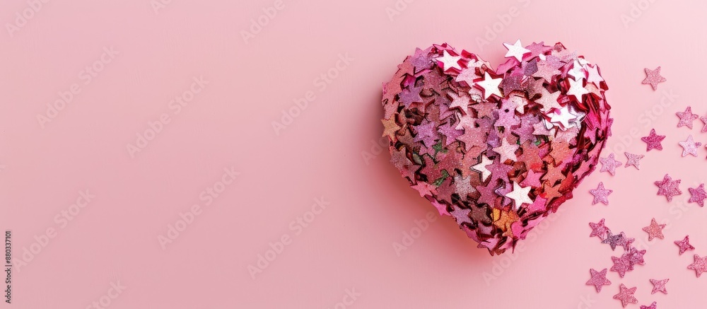 Poster a heart crafted out of star sequins against a soft pink pastel backdrop with copy space image