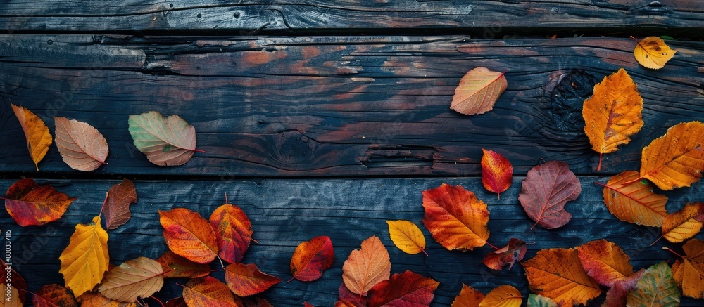 Fototapete Colorful autumn leaves on a wooden background viewed from above with space for text in the image. with copy space image. Place for adding text or design