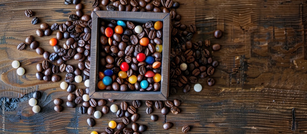 Poster Wooden box holds coffee beans and colorful capsules on a table offering a copy space image from above