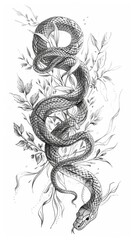 Fototapeta premium Ethereal Snake in Bloom: A Monochrome Beauty Intertwined with Delicate Blossoms tattoo desing