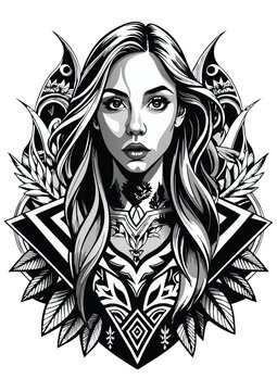 Abstact Tattoo Actrees Face in black and white Illustration Vector (1)