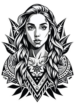 Abstact Tattoo Actrees Face in black and white Illustration Vector (3)