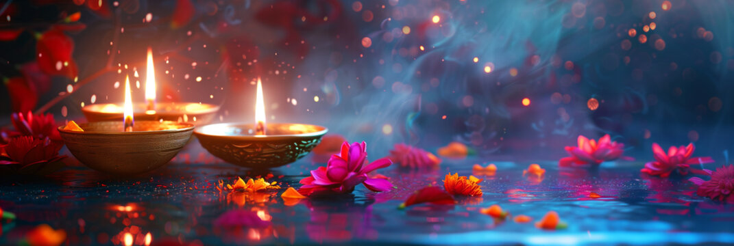 Diwali, indian holiday, Hindu festival of lights, religious celebration at the month of Ashvin, candle light and bokeh