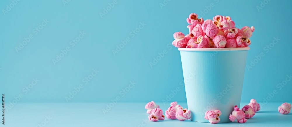 Poster pink berry flavored popcorn in a paper cup against a blue backdrop with available copy space image