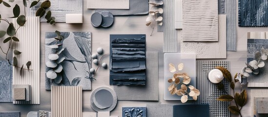 Top view of an artistic arrangement in grey and navy tones featuring fabric and paint swatches lamella panels foliage and tiles typical of a moodboard for architects and interior designers creating a