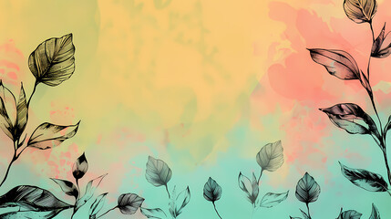 Artistic botanical illustration with hand-drawn leaves on a pastel watercolor background