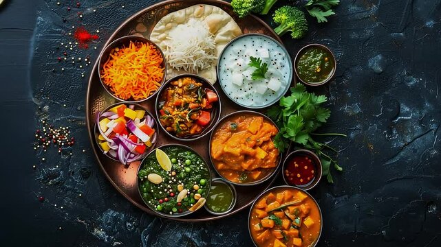 Indian Hindu Veg Thali, North Indian tradition foods. copy space. 4k video footage