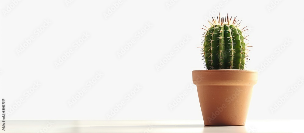 Leinwandbilder A green cactus in a brown clay pot stands alone on a white background offering ample copy space for text input It rests on an office table creating a designer workspace