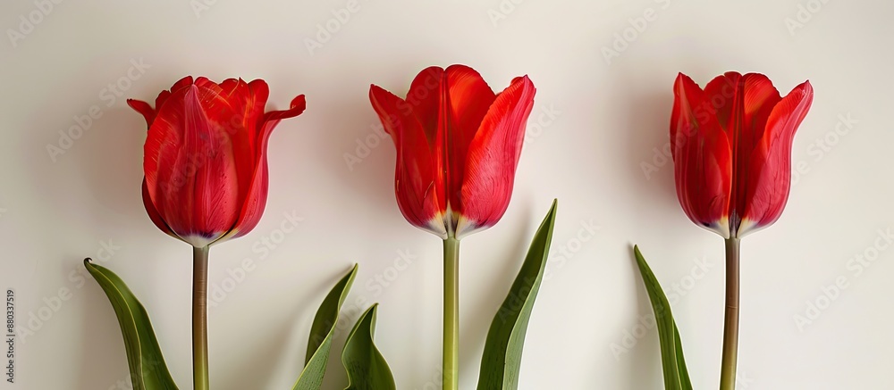 Poster Three vibrant red tulips set against a white backdrop with space for text centered on the middle tulip. with copy space image. Place for adding text or design