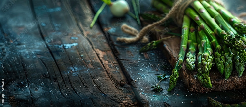 Poster fresh asparagus displayed within a rural setting with a natural ambiance and ample copy space for im