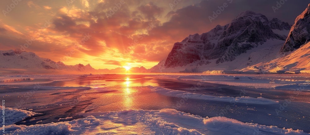 Aufkleber scenic frozen lake amidst a picturesque sunset backdrop with snow covered mountains in the backgroun