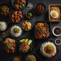 Assorted Asian-style noodle and rice dishes served in bowls and boxes, featuring savory meats and vegetables.