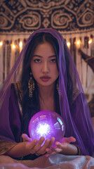 光るクリスタルボールを持つ神秘的なアジア人女性.