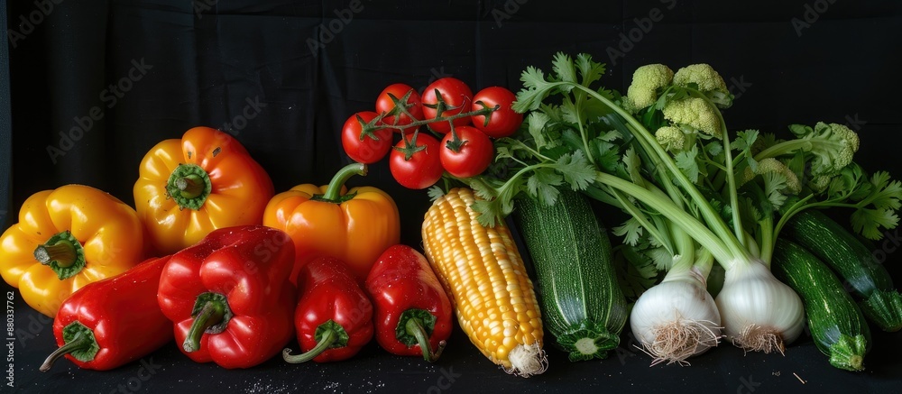 Leinwandbilder vegetables like bell peppers tomatoes corn green oak zucchini and coriander displayed on a black bac