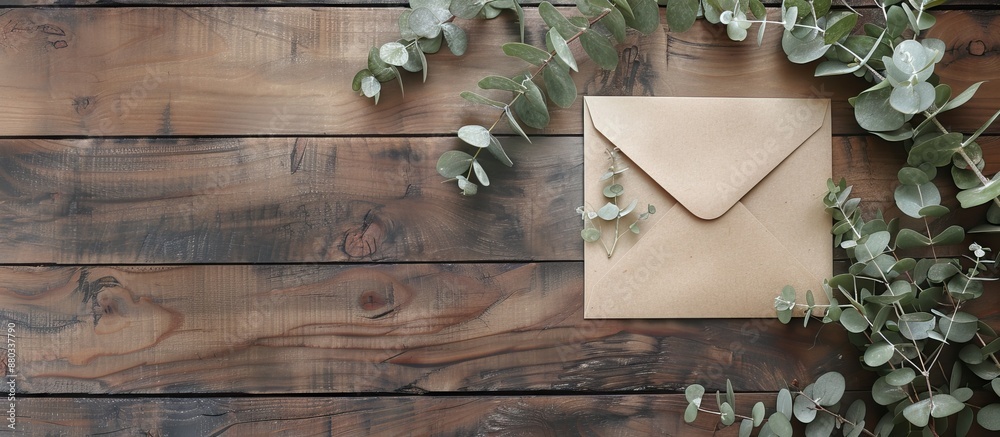 Aufkleber Top down view of a eucalyptus branch and a decorative envelope placed on a wooden surface with space available for adding text. with copy space image. Place for adding text or design