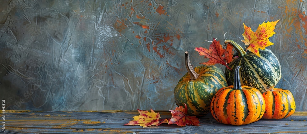 Fototapete Three gourds adorned with colorful autumn leaves sit on a textured grey wooden table with space available for text or images in the background. with copy space image. Place for adding text or design