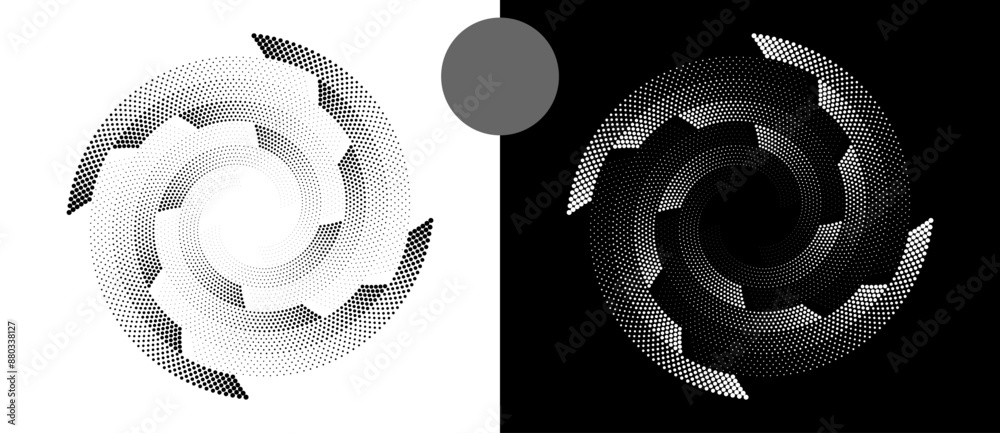 Fototapete Modern abstract background. Halftone dots in spiral. Round logo. Vector dotted frame. Design element or icon. Black shape on a white background and the same white shape on the black side.