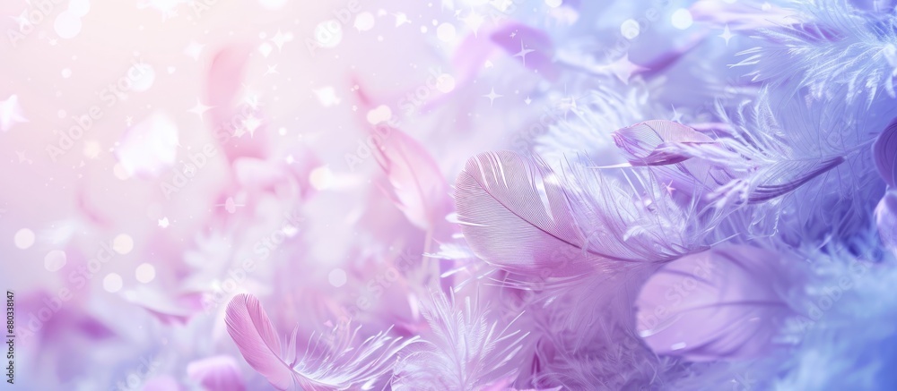 Aufkleber a soft dreamy background with a scattering of lilac feathers in the corner against a romantic sky ba