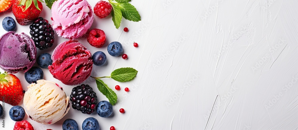 Aufkleber various flavors of refreshing ice cream balls surrounded by fresh berries on a white backdrop with c