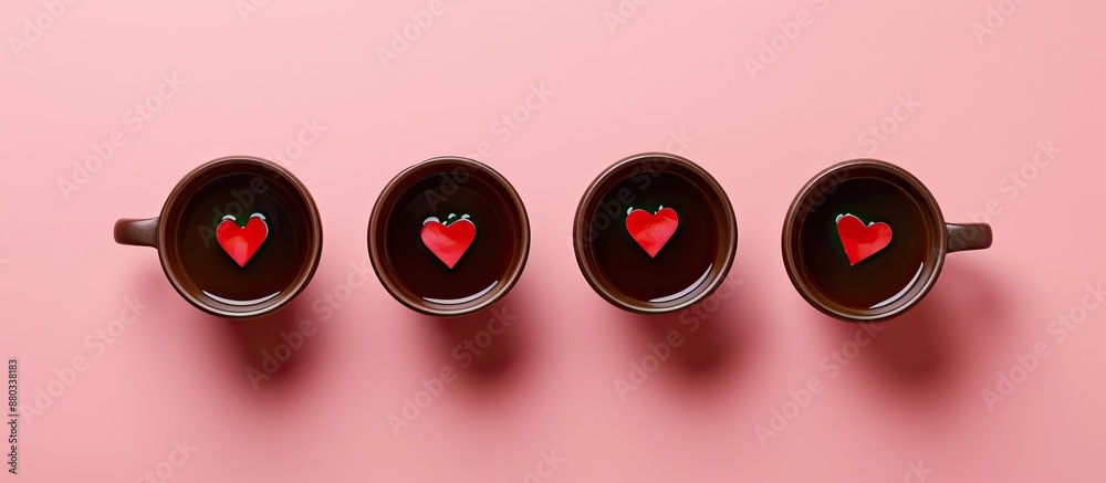 Poster three brown cups with red heart decorations on a pastel pink surface in a top down view suitable for