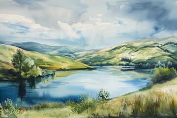 Fototapeta premium Landscape painting featuring a lake, hills, and cloudy sky, A soft watercolor landscape of rolling hills and tranquil lakes, AI generated