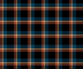 Obraz premium Plaid fabric pattern, black, blue, brown, yellow, seamless for textiles and design clothing, skirts, pants, aprons, tablecloths, blankets or decorative fabrics. Vector illustration.