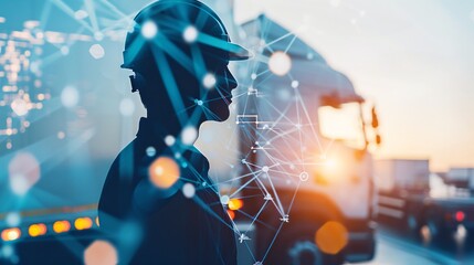 Obraz premium The silhouette of a logistics manager against a backdrop of digital networks and innovative tech solutions, highlighting the role of technology in modern logistics with generous copy space.
