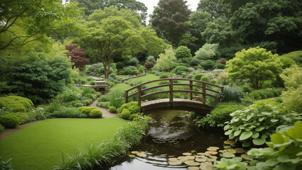 The image shows a wooden bridge over a pond with lily pads. Lush greenery and trees surround the pond.

