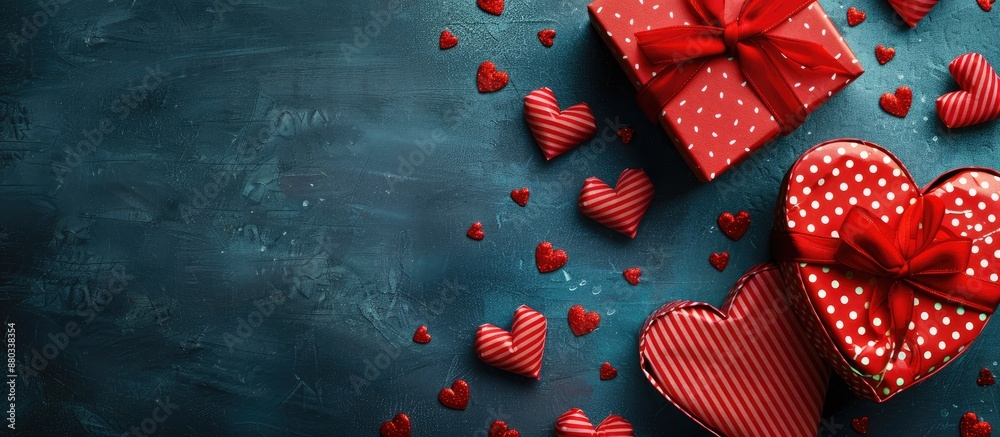 Poster heart shaped red openwork gift boxes adorned with small red hearts on a matching background viewed f