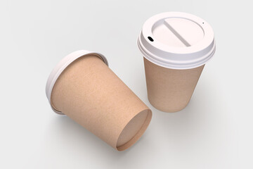 Two kraft coffee cups isolated on light grey