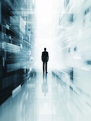 A logistics manager's silhouette stands before a high-tech interface, symbolizing innovation in the industry, with a minimalist layout and space for copy.