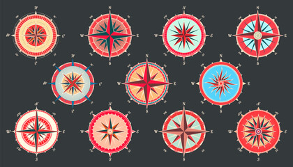 Vintage marine wind rose, nautical chart. Colorful navigational compass with cardinal directions of North, East, South, West. Geographical position, cartography and navigation. Vector illustration