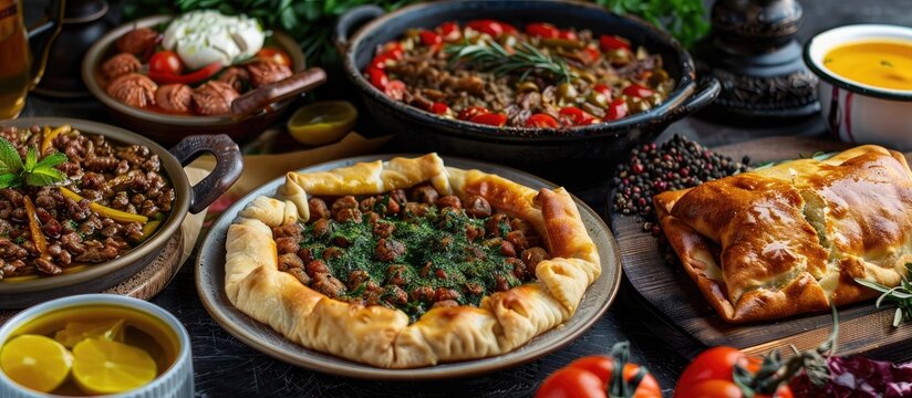 Turkish Et sote and Sac Tava dishes are displayed together with a hair pie meat dish creating an appetizing culinary display in the copy space image