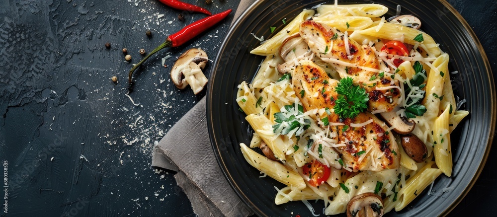 Aufkleber a dish featuring pasta topped with cheese chicken and mushrooms presented on a dark backdrop providi