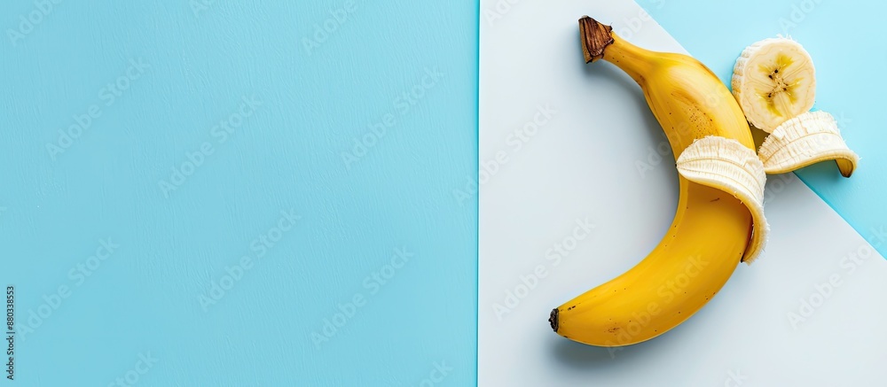 Leinwandbilder top down view of a banana slice on a white and blue background with room for text following a minima
