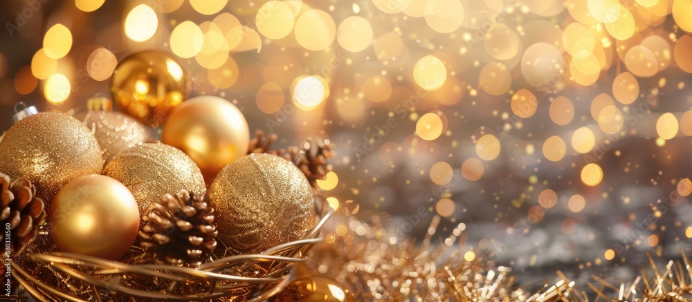 Poster Luxurious golden Christmas decoration with shiny balls and garlands displayed in a basket on a sparkling golden bokeh light background perfect for copy space images