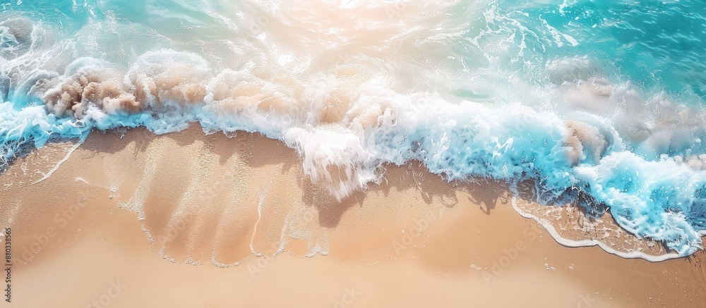 Aufkleber Sunny tropical beach scene with a gentle sea wave rolling on the sand and plenty of copy space for adding text or images in the top down view