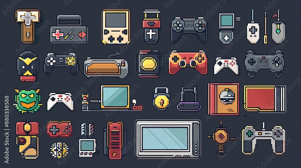 Fototapete retro pixel art icons with nostalgic 8-bit designs.