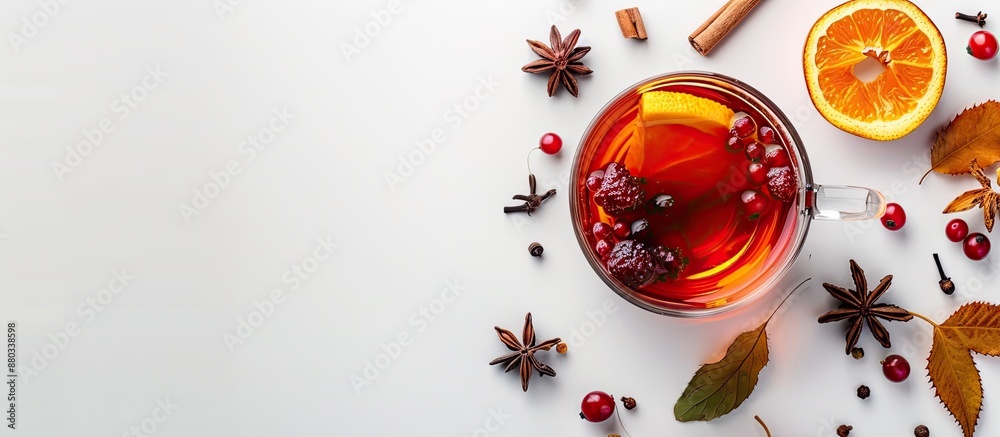 Aufkleber Top view image of a glass cup with hot tea containing fruits berries and spices perfect for autumn or winter on a white background with space for adding text or other elements. with copy space image